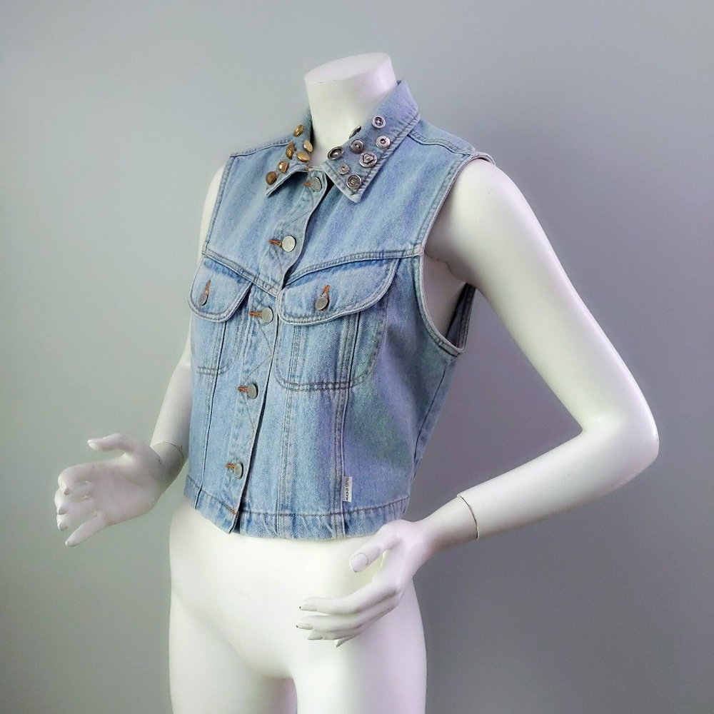 Vintage 90s Old Navy Bespoke OOAK Studded Collar Denim Vest M - Picture 3 of 7